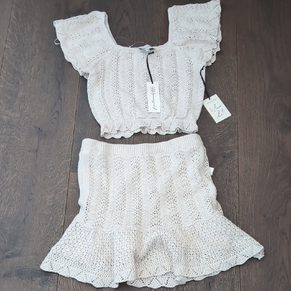 Cream Knit Crop Top and Skirt Set
